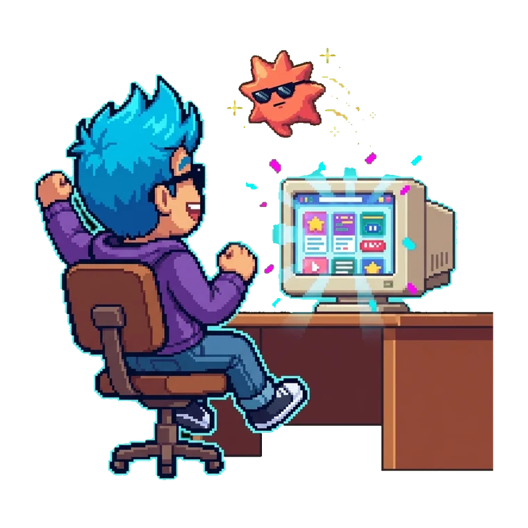 Mascot cheering at a finished website bursting off the screen, star sidekick spinning above