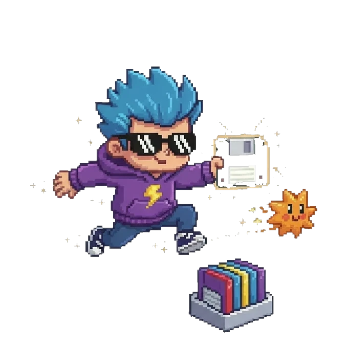 Mascot picking a skill floppy off a store shelf