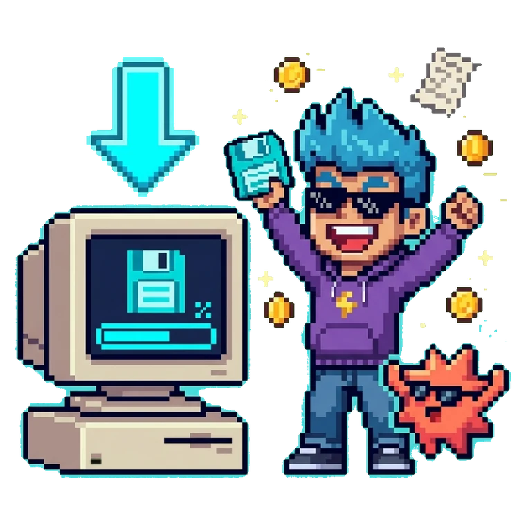 Mascot holding up a floppy in triumph as it downloads into a retro computer, star sidekick cheering