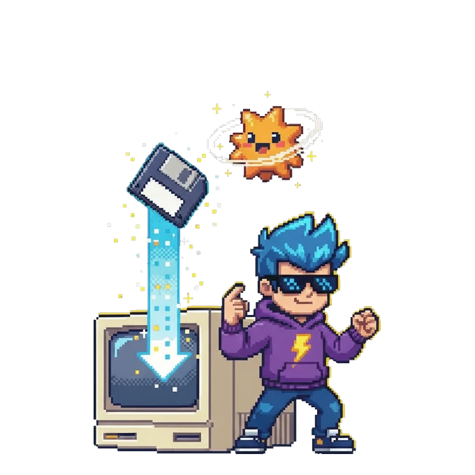Mascot downloading the floppy from a retro computer